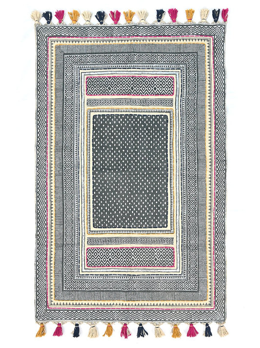 Block-Printed Cotton Dhurrie Rug in Blue Traditional Pattern — Art Avenue