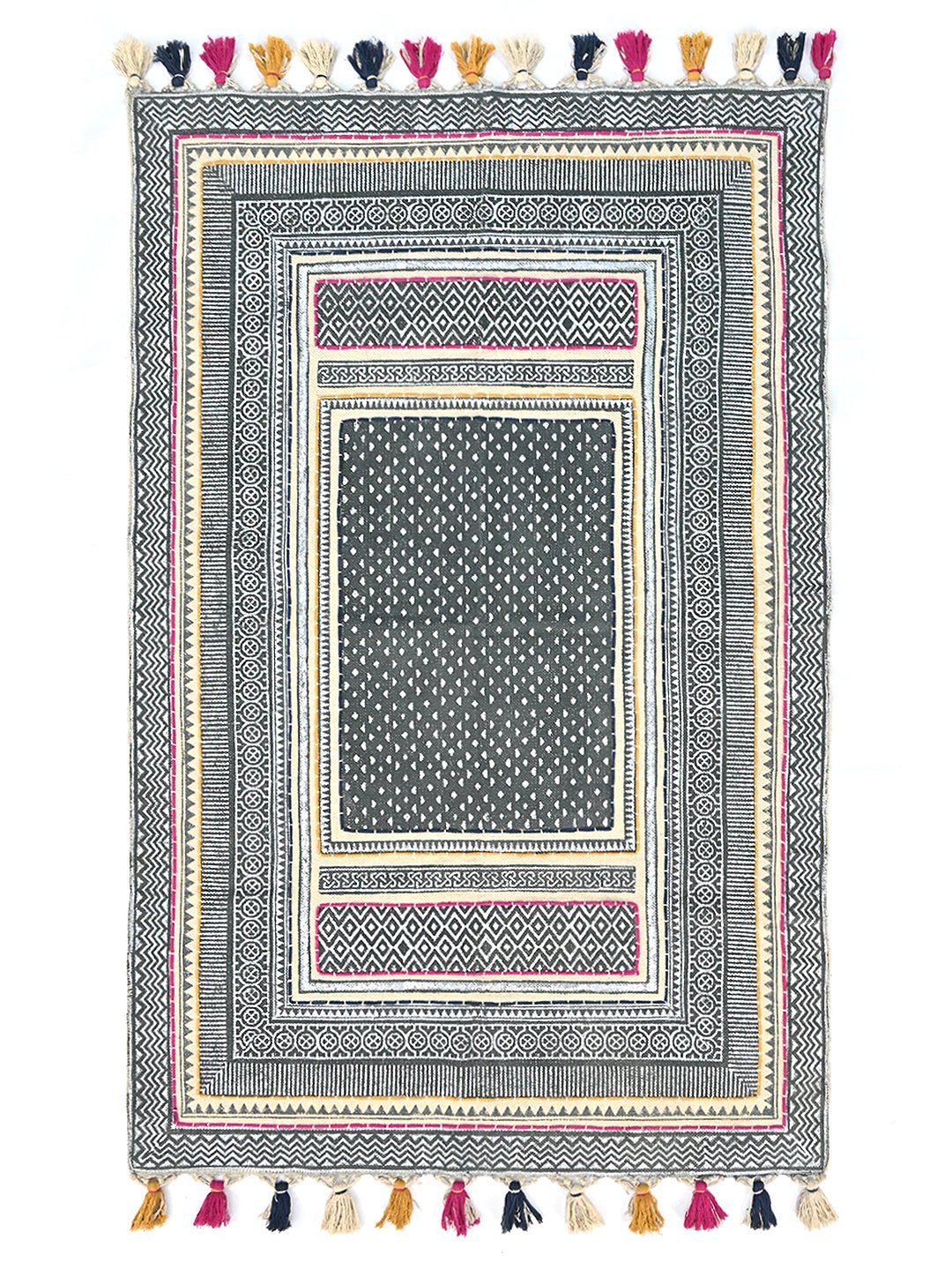 Block-Printed Cotton Dhurrie Rug in Blue Traditional Pattern — Art Avenue