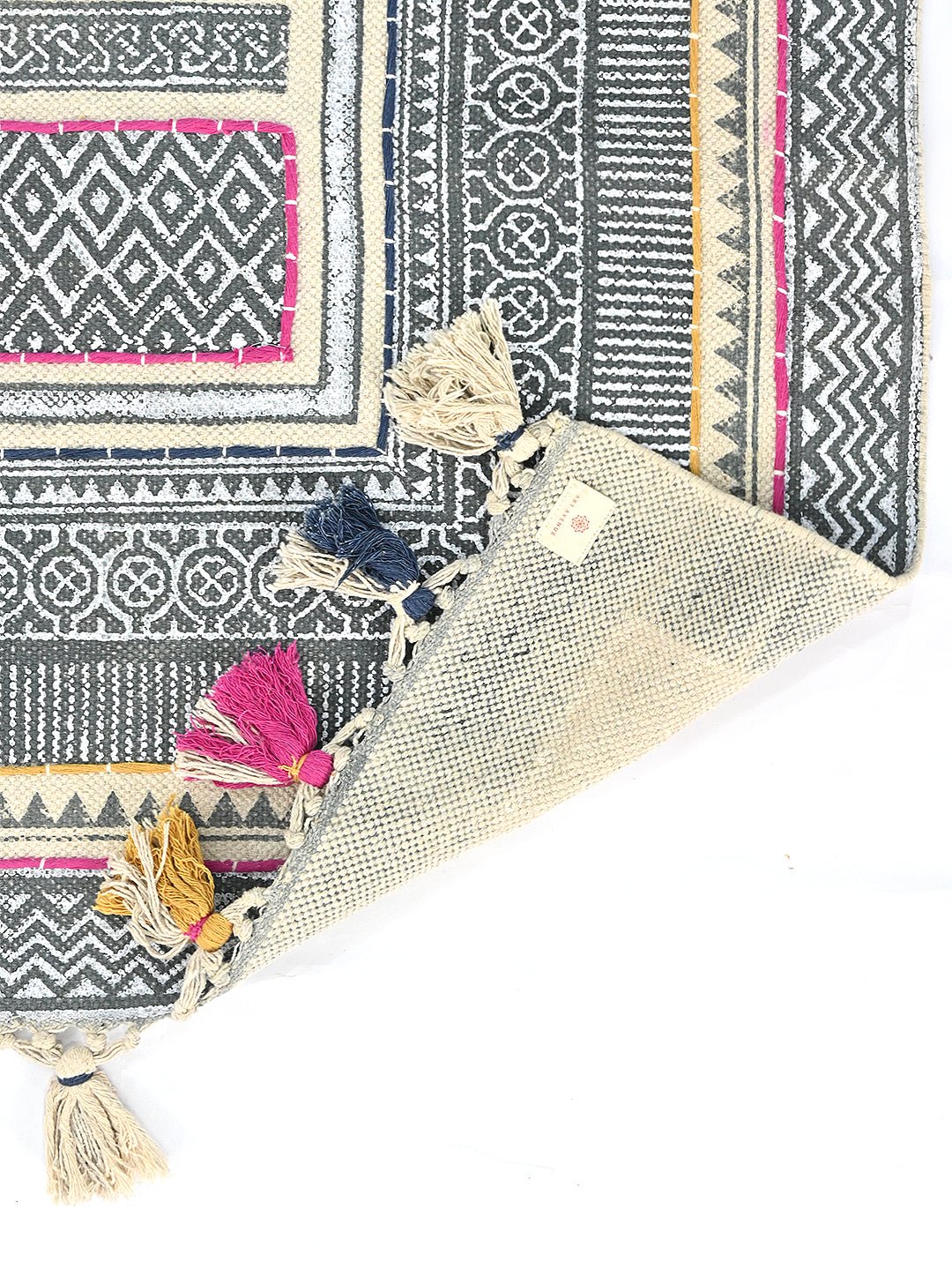 Detail of block-print on blue cotton dhurrie rug — Art Avenue