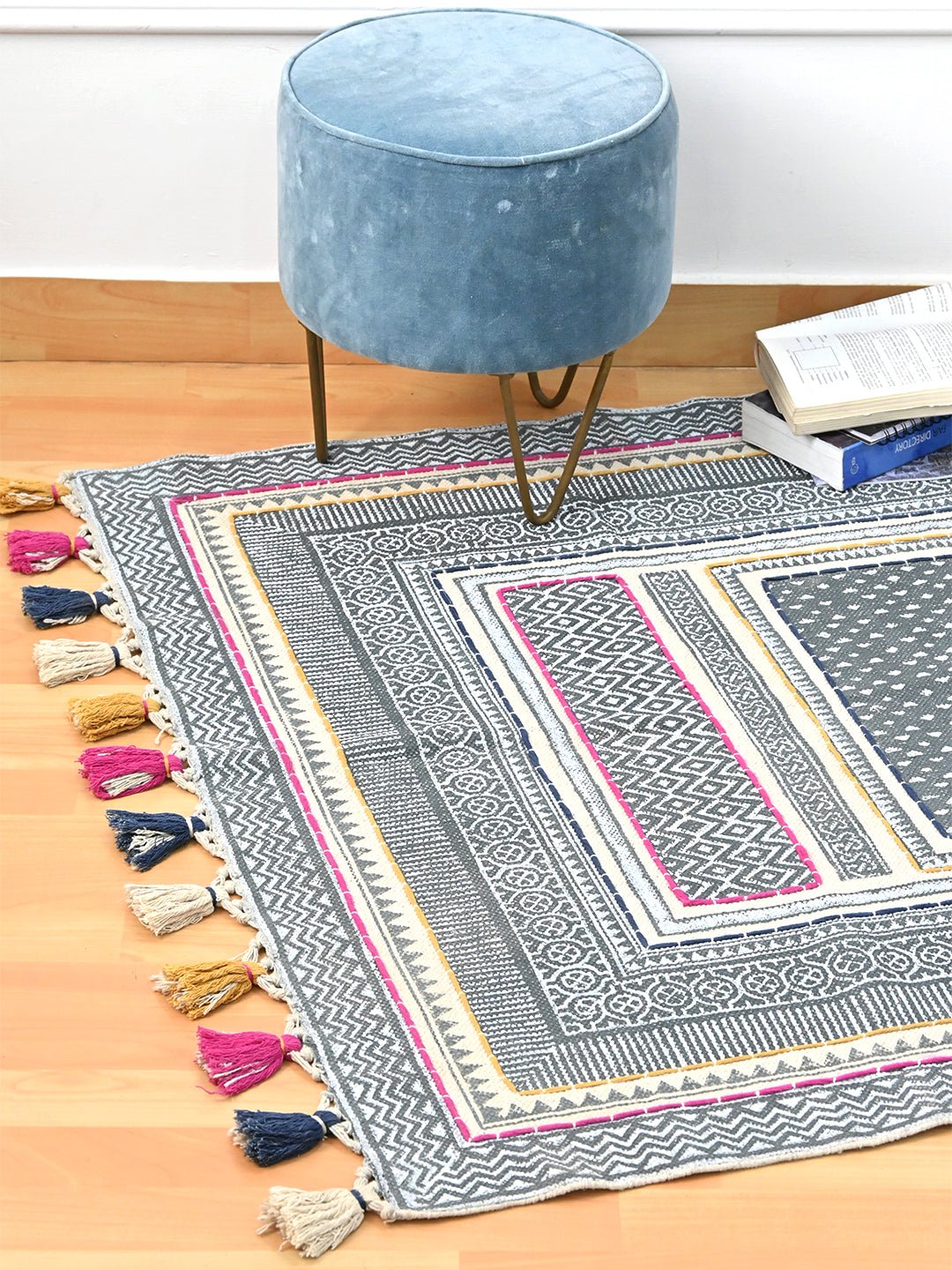 Avril Block-Printed Cotton Dhurrie Rug — multiple sizes — Art Avenue