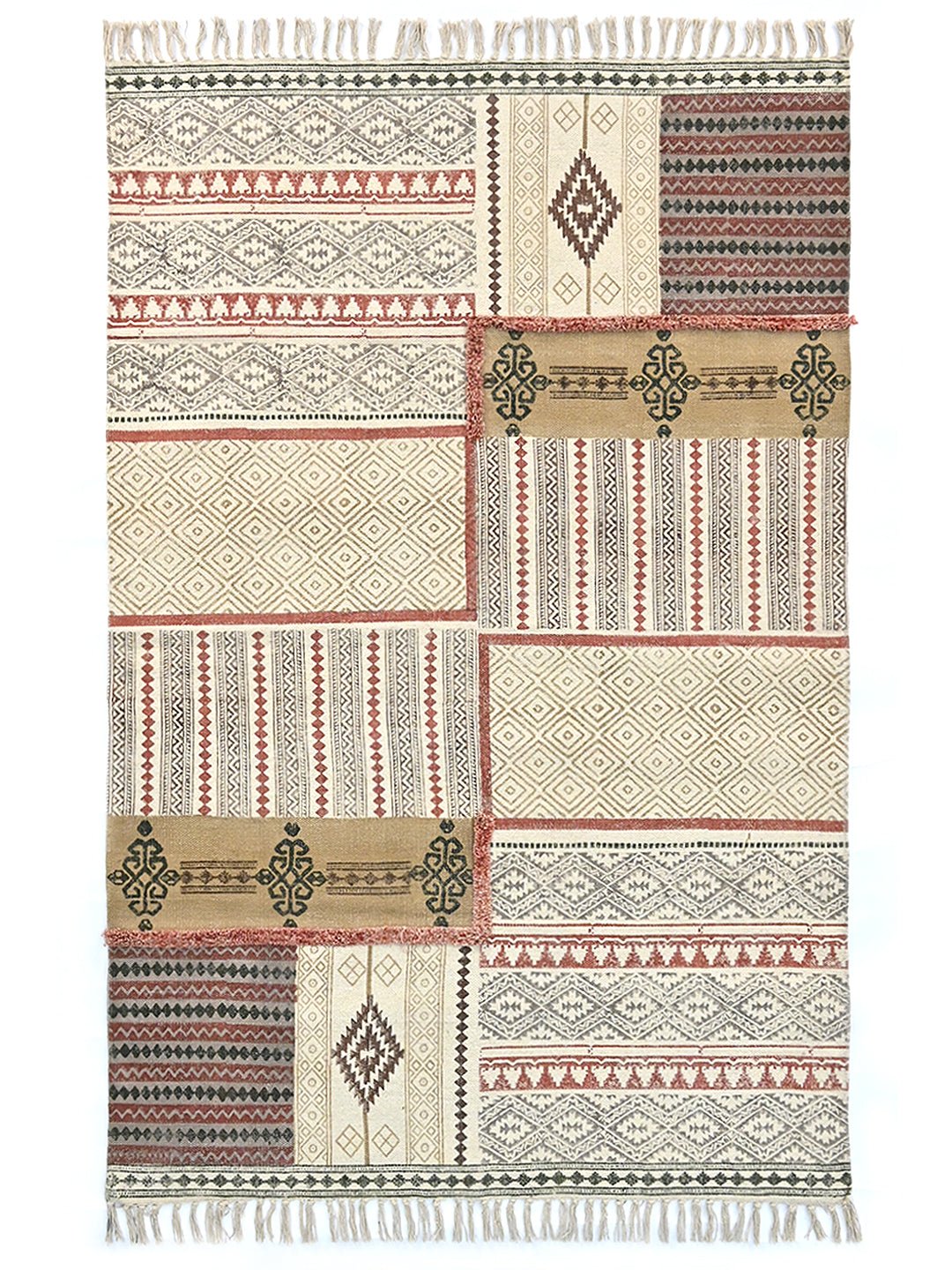 Block-Printed Cotton Dhurrie Rug in Black & Red Traditional — Art Avenue
