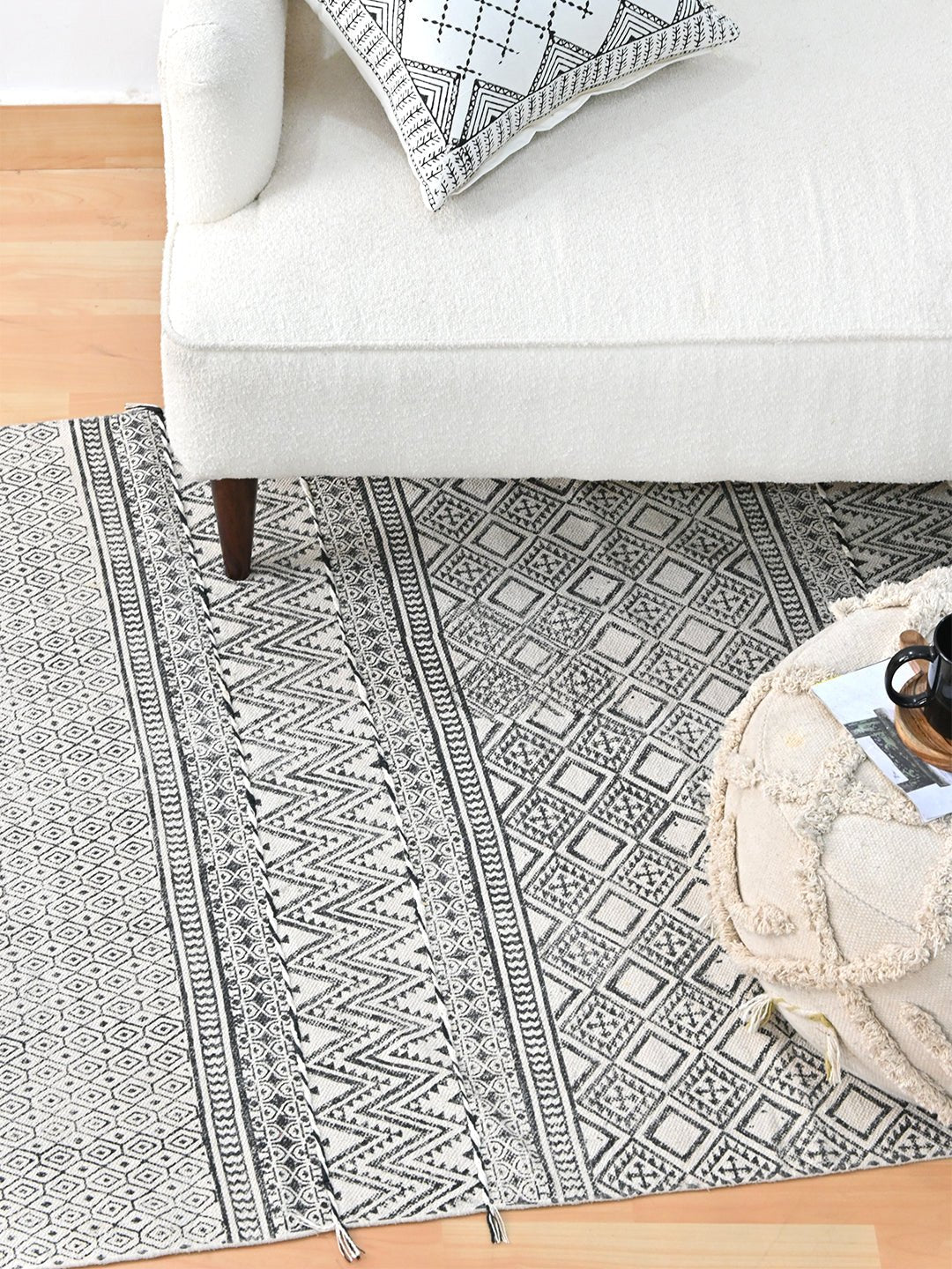 Block-printed dhurrie rug styled in modern interior — Art Avenue