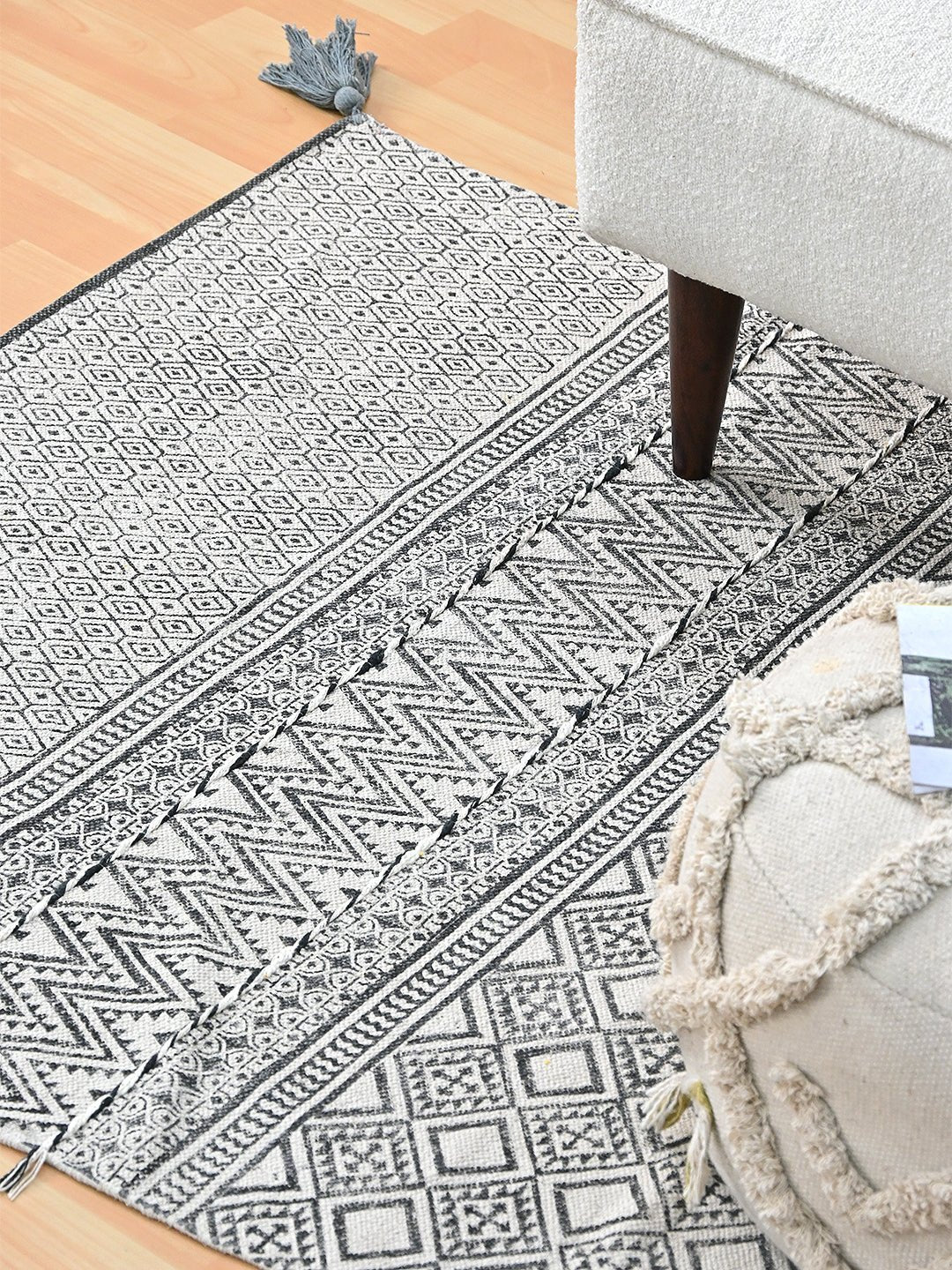 Detail of floral block-print on cotton dhurrie rug — Art Avenue