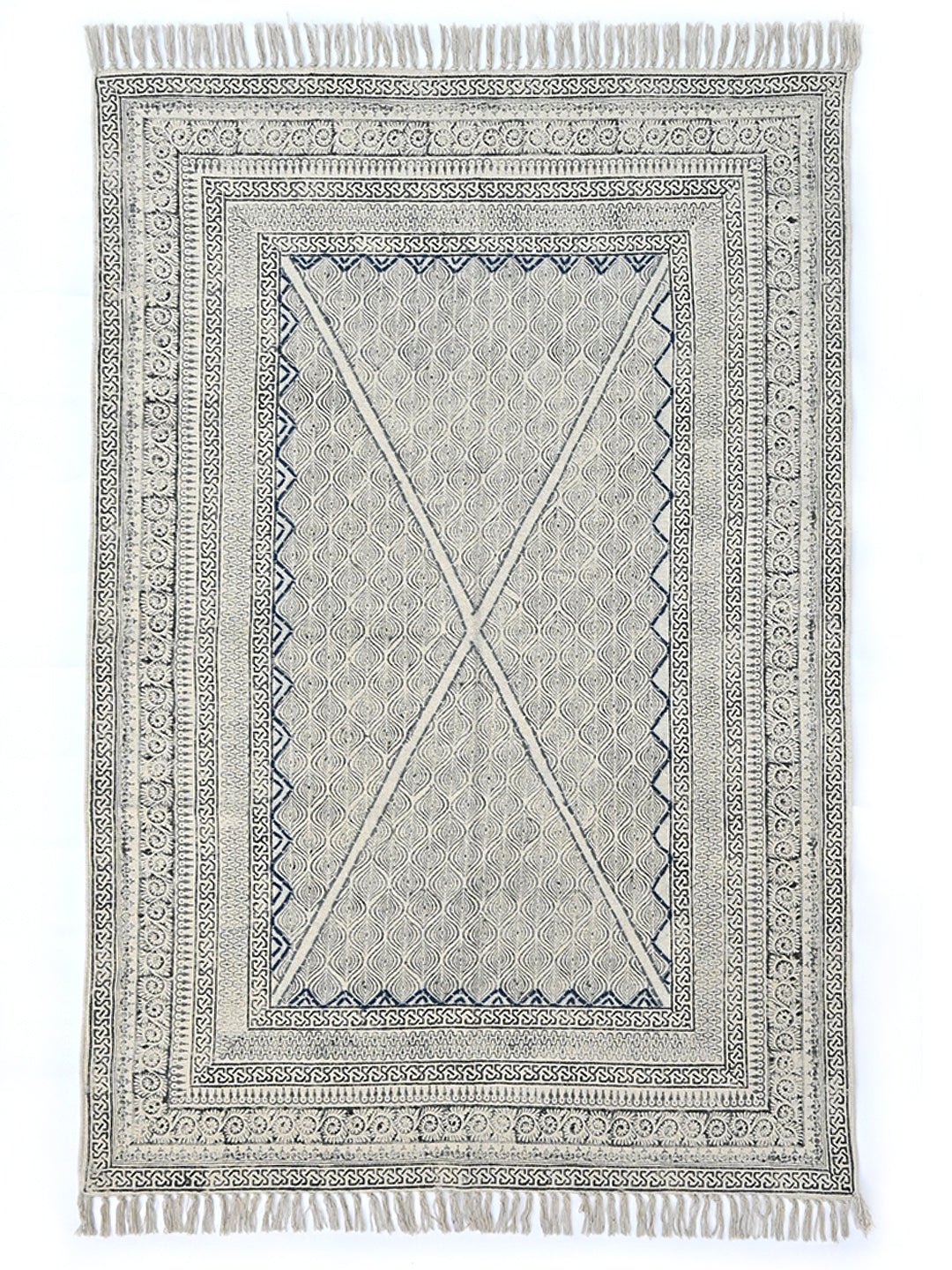 Block-Printed Cotton Dhurrie Rug in White Modern — Art Avenue