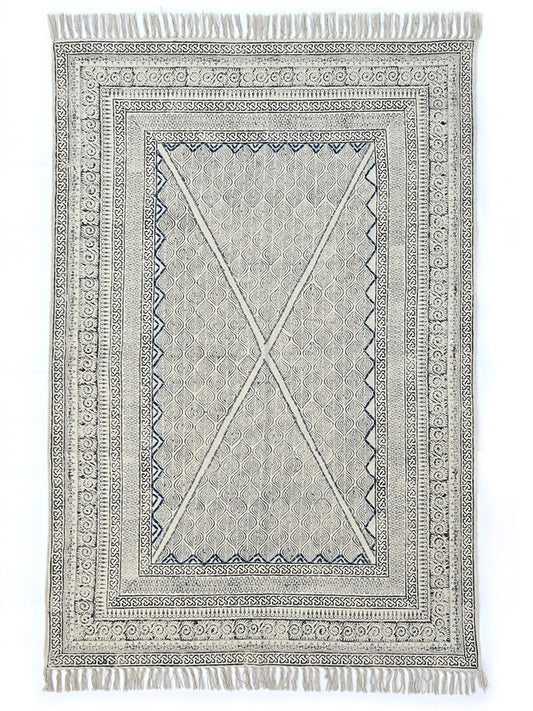 Block-Printed Cotton Dhurrie Rug in White Modern — Art Avenue