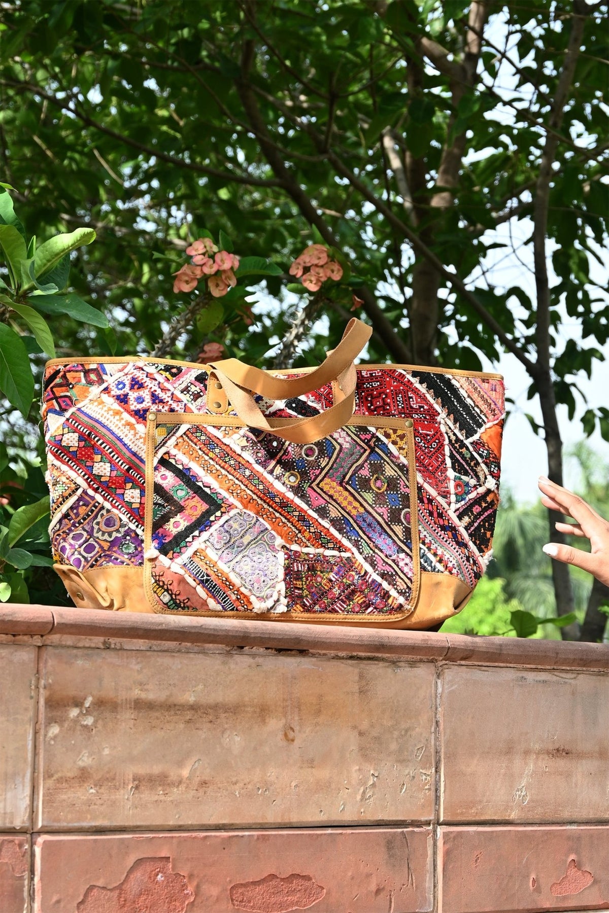 Barren patchwork handbag on model — Art Avenue