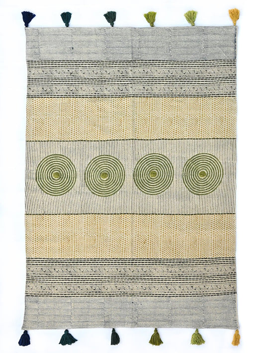 Block-Printed Cotton Dhurrie Rug in Blue, Green & Grey Floral — Art Avenue
