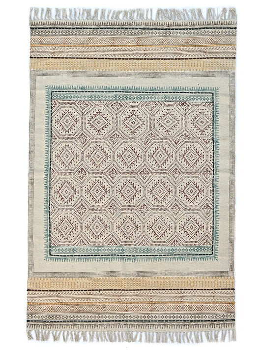 Block-Printed Cotton Dhurrie Rug in Blue, Green & Grey Floral — Art Avenue