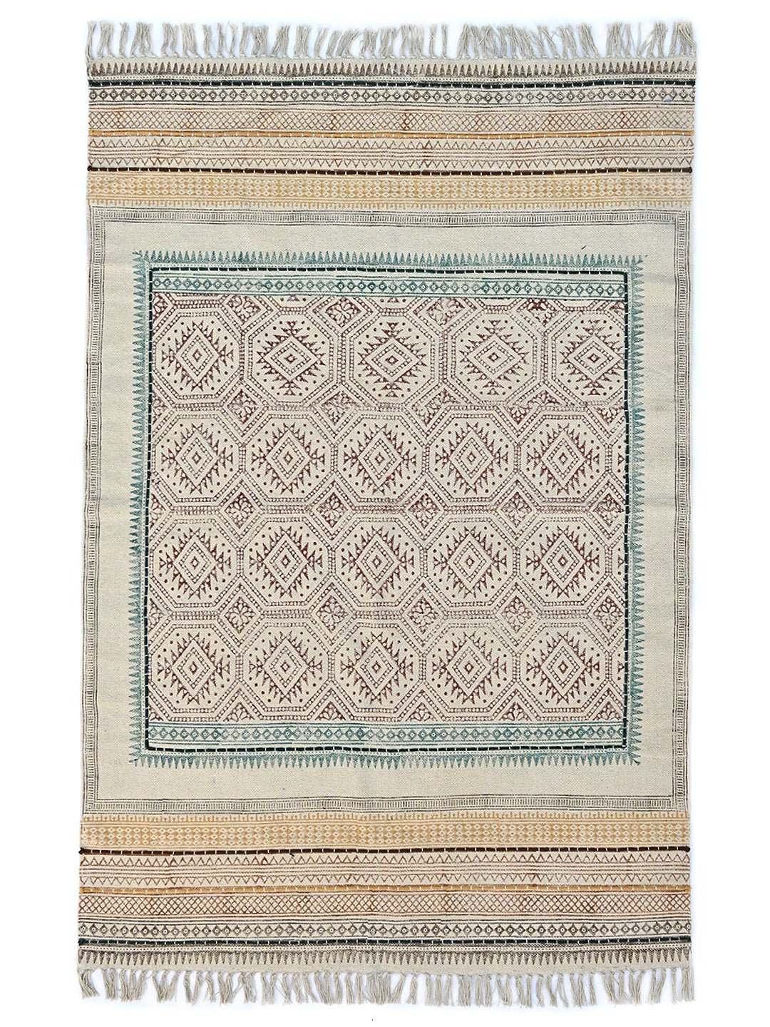 Block-Printed Cotton Dhurrie Rug in Blue, Green & Grey Floral — Art Avenue