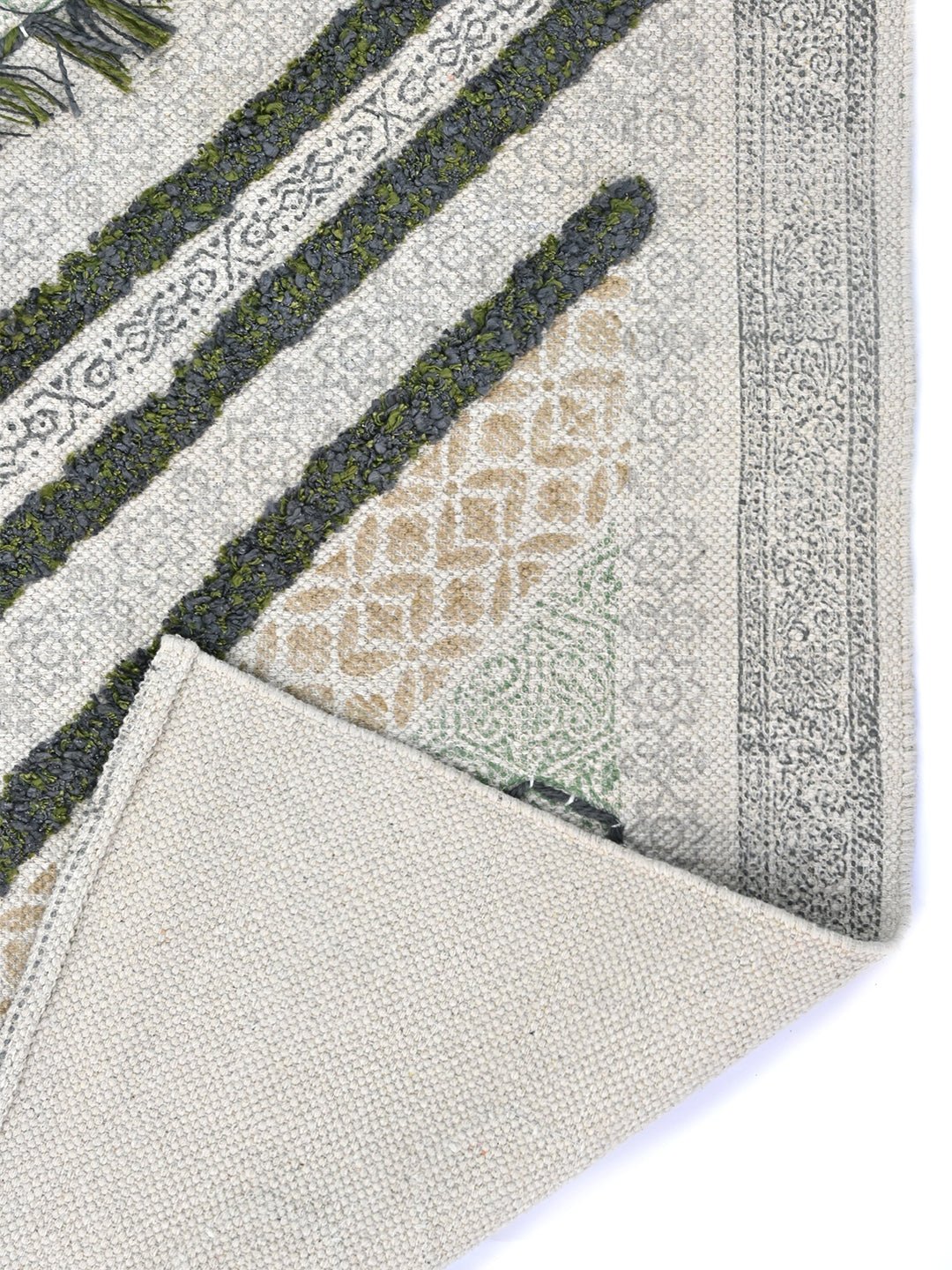 Detail of floral block-print on cotton dhurrie rug — Art Avenue