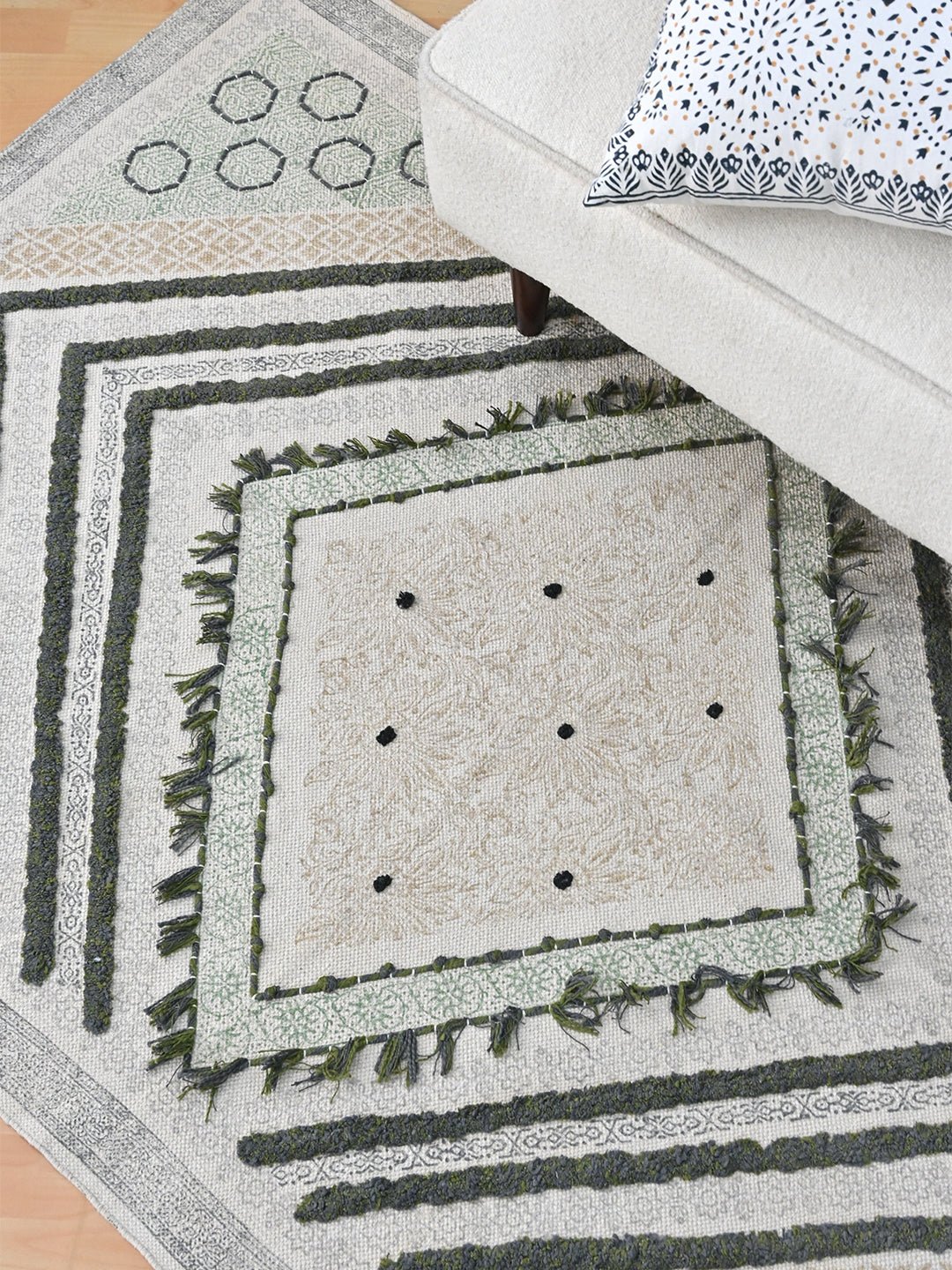 Block-printed dhurrie rug styled in modern interior — Art Avenue