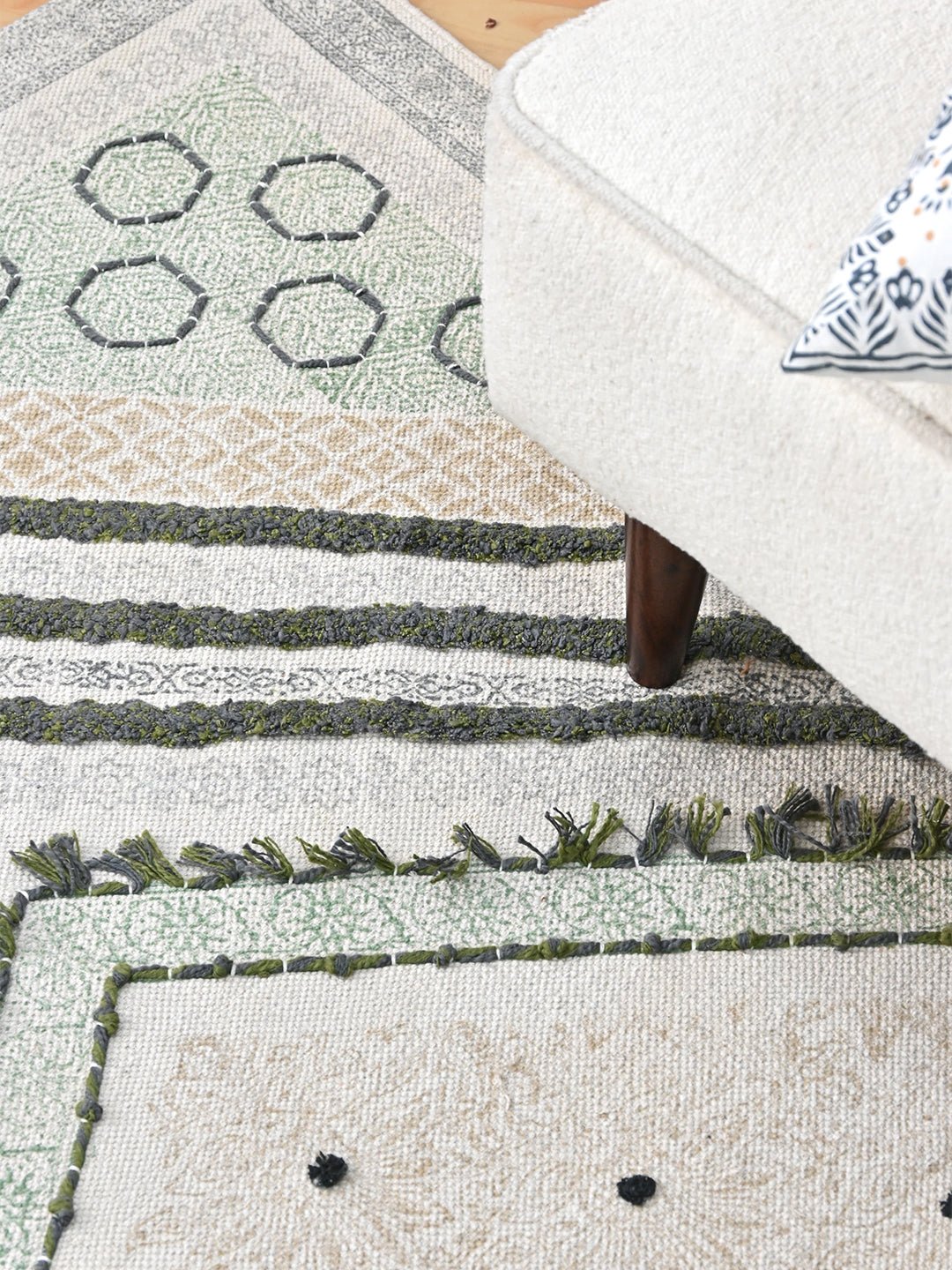 Cartera Block-Printed Cotton Dhurrie Rug in Blue & Green — Art Avenue
