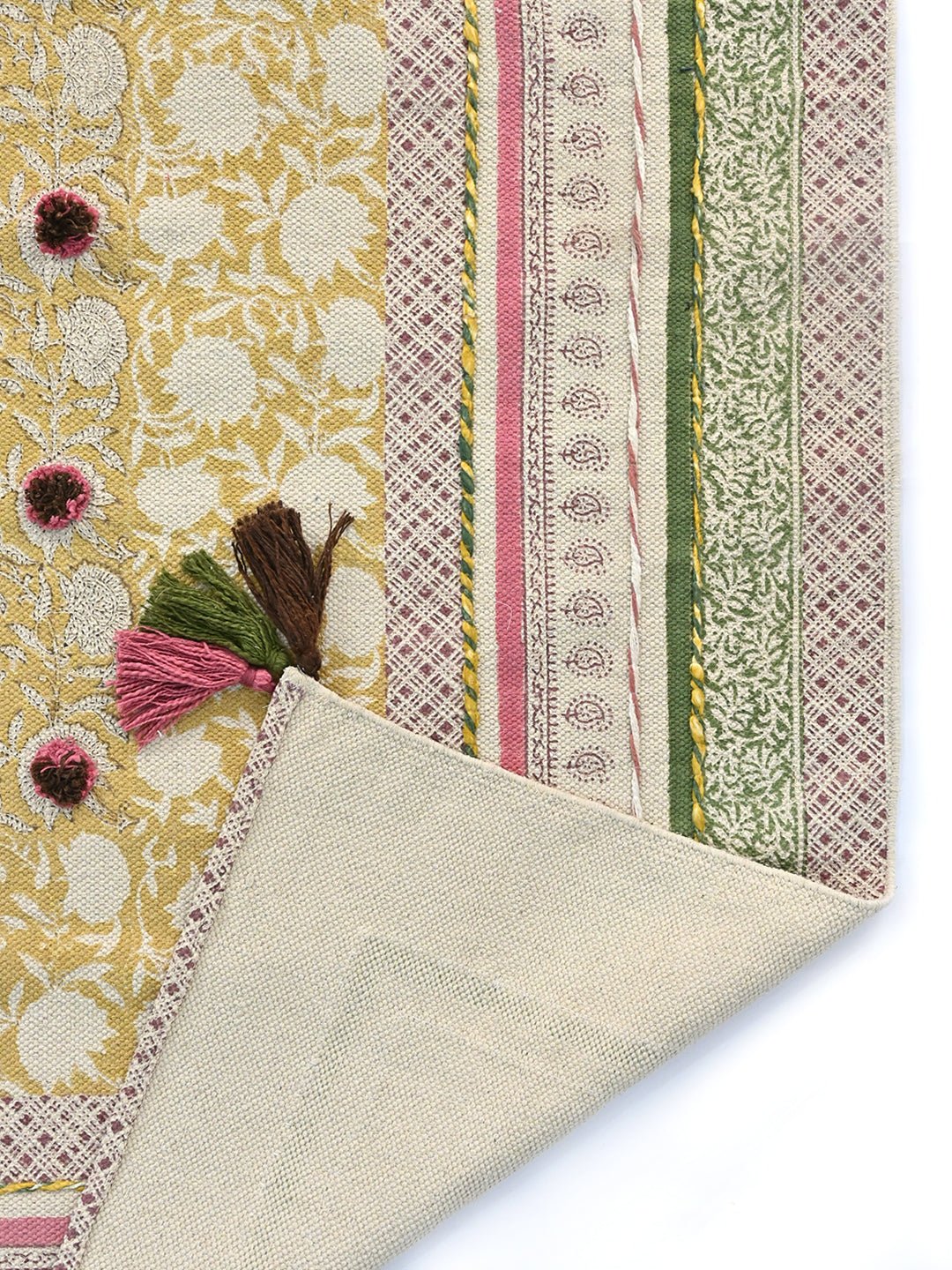 Detail of floral block-print on cotton dhurrie rug — Art Avenue