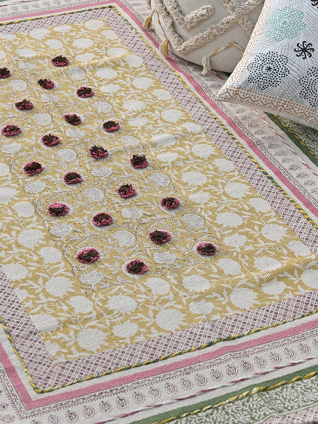 Block-printed cotton dhurrie rug in room setting — Art Avenue