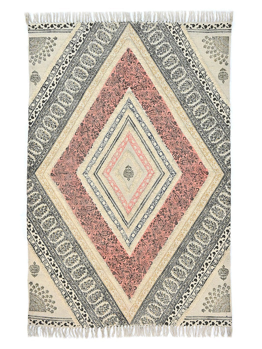 Block-Printed Cotton Dhurrie Rug in Black Traditional Pattern — Art Avenue