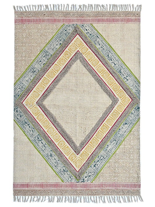 Block-Printed Cotton Dhurrie Rug in Green & Yellow Traditional — Art Avenue
