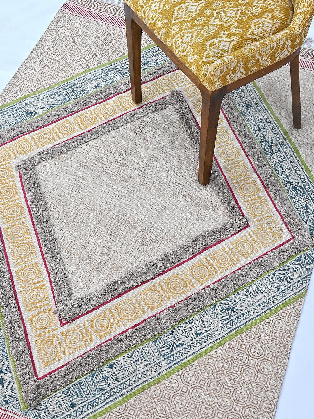 Block-printed cotton dhurrie rug in room setting — Art Avenue