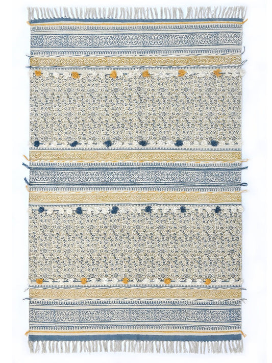 Block-Printed Cotton Dhurrie Rug in Blue, Green & Grey Floral — Art Avenue