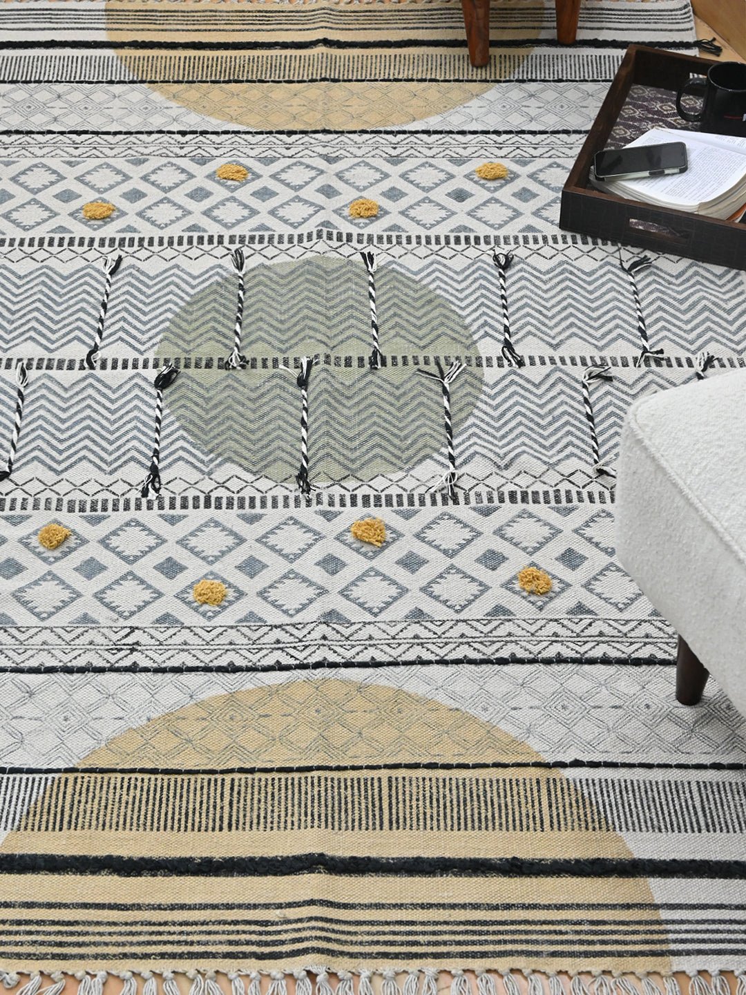 Detail of floral block-print on cotton dhurrie rug — Art Avenue