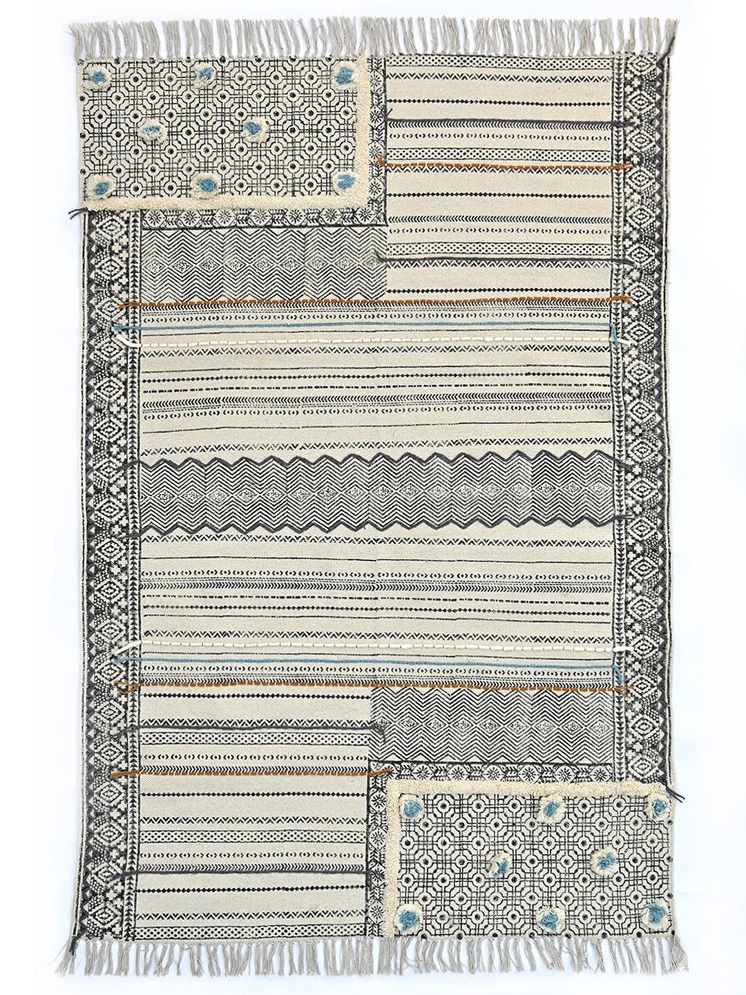 Block-Printed Cotton Dhurrie Rug in Blue, Green & Grey Floral — Art Avenue