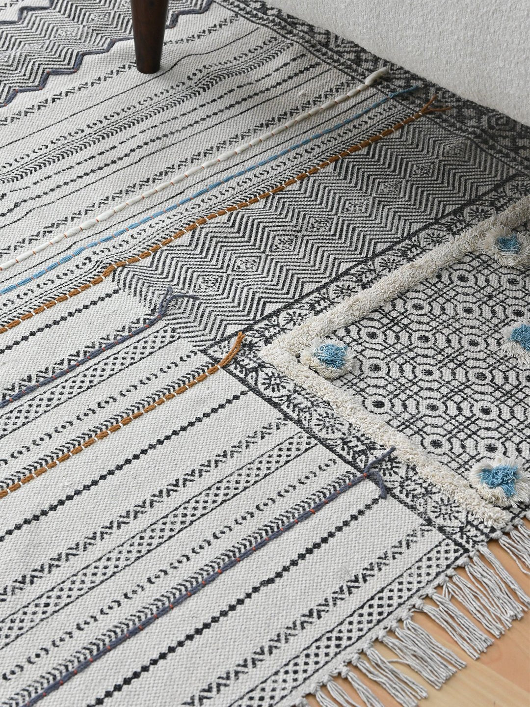 Ehico Block-Printed Cotton Dhurrie Rug in Blue & Green — Art Avenue