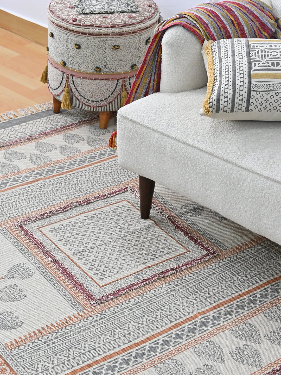 Detail of floral block-print on cotton dhurrie rug — Art Avenue