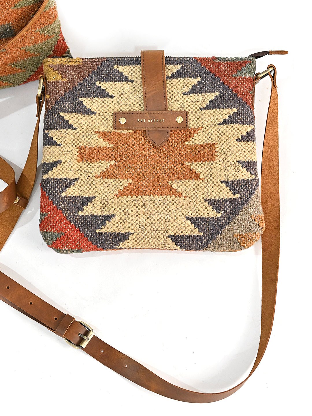 Comfrey kilim and leather handbag, side view — Art Avenue