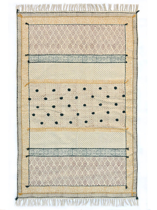 Block-Printed Cotton Dhurrie Rug in Blue, Green & Grey Floral — Art Avenue