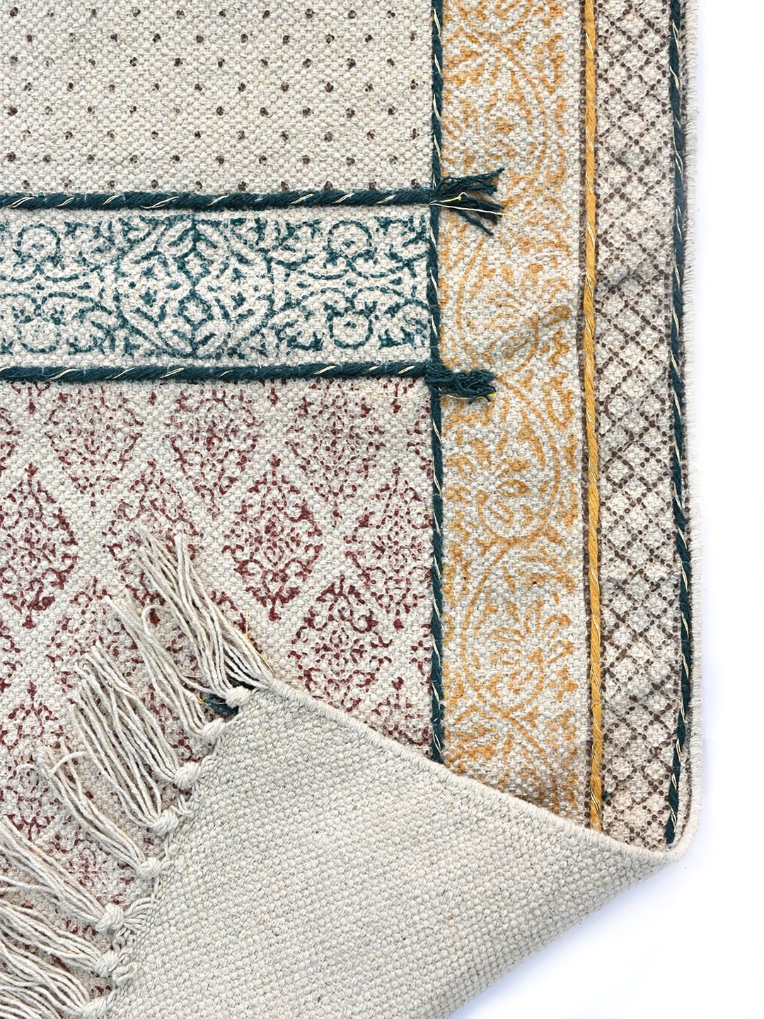 Detail of block-print pattern on cotton dhurrie rug — Art Avenue