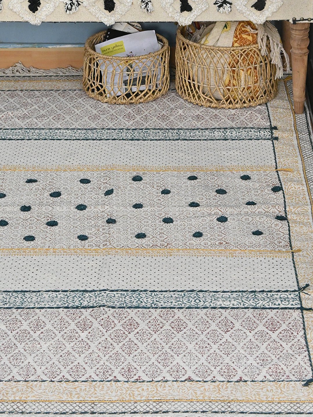 Block-printed dhurrie rug styled in modern interior — Art Avenue