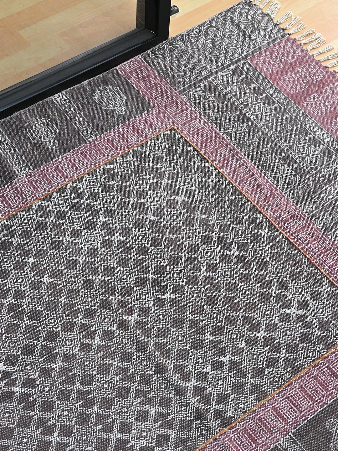 Detail of block-print floral on cotton dhurrie rug — Art Avenue