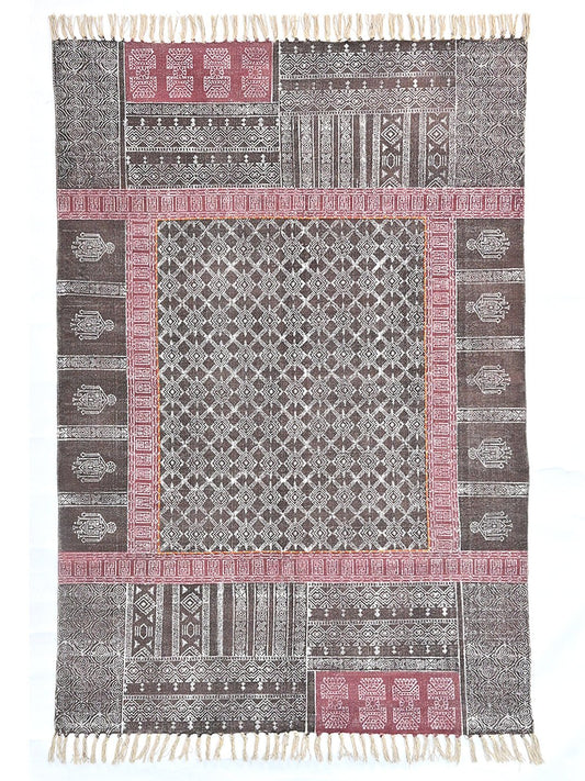 Block-Printed Cotton Dhurrie Rug in Blue, Green & Grey Floral — Art Avenue
