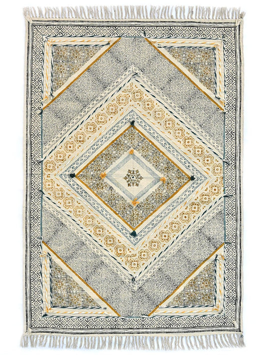 Block-Printed Cotton Dhurrie Rug in Blue, Green & Grey Floral — Art Avenue