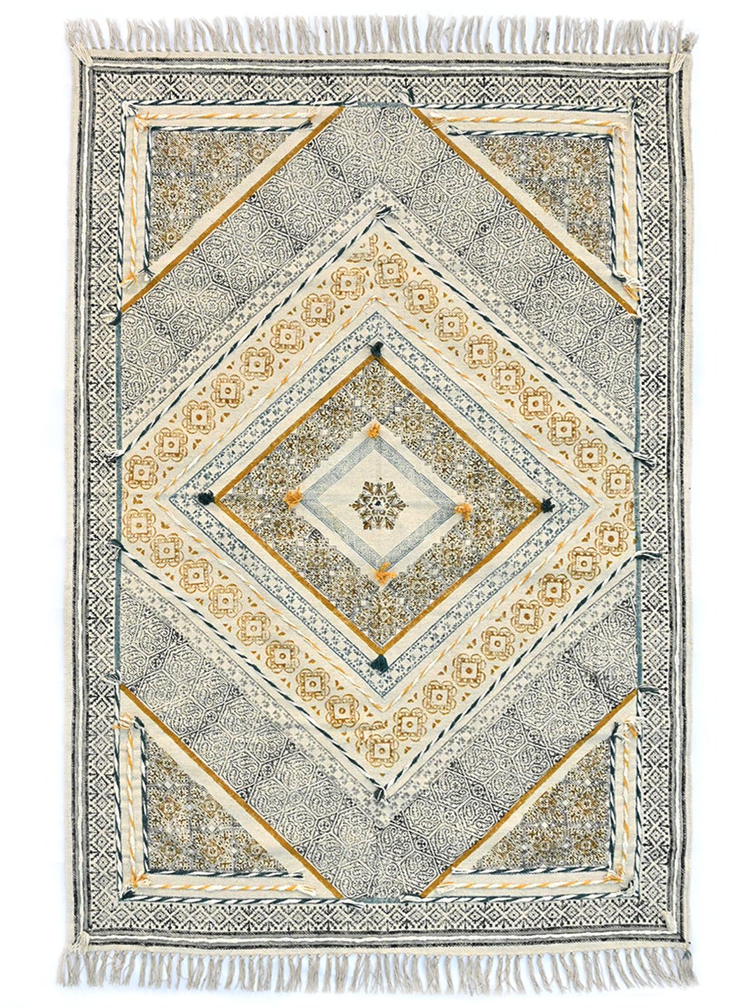 Block-Printed Cotton Dhurrie Rug in Blue, Green & Grey Floral — Art Avenue
