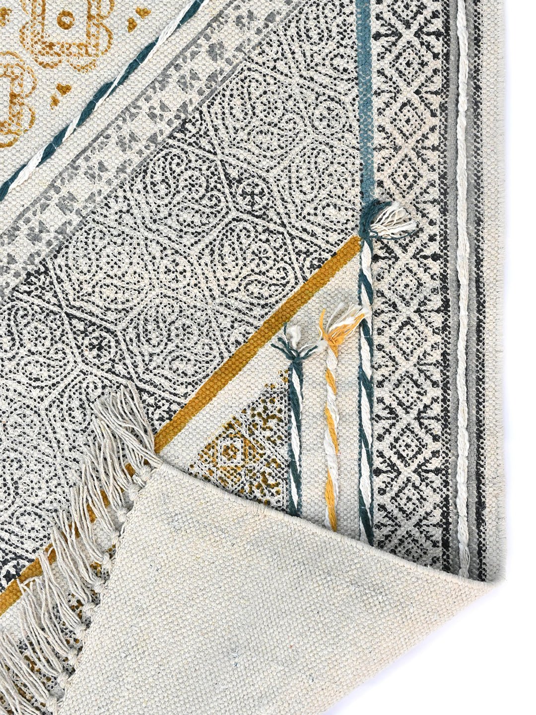 Detail of floral block-print on cotton dhurrie rug — Art Avenue
