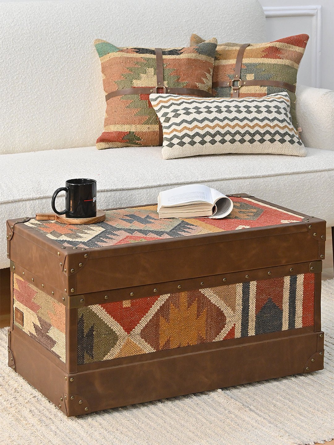 Merriam kilim and leather trunk — Art Avenue