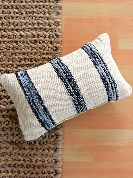 Faded Handwoven Denim Chindi Lumbar Cushion Cover — Art Avenue