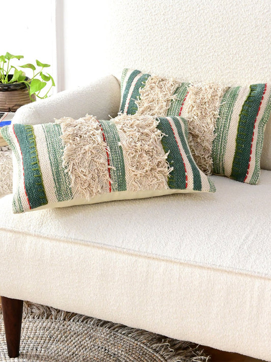 Weather Handwoven Chenille Shaggy Lumbar Cushion Cover — Green — Art Avenue