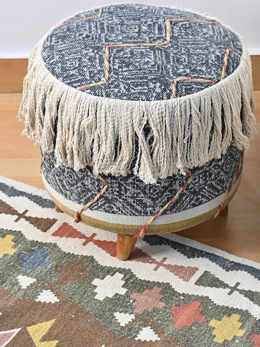 Kilim-Upholstered Cylindrical Ottoman in Blue — Art Avenue
