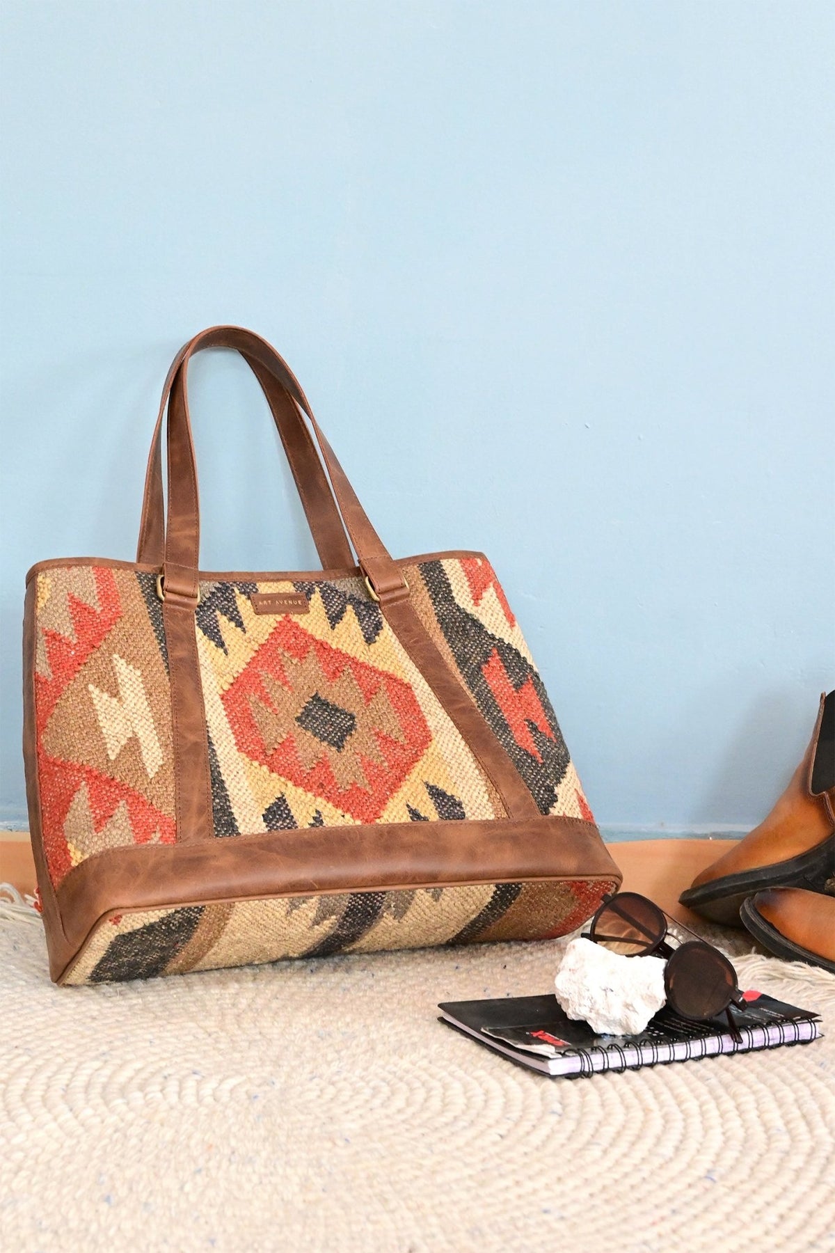 Nymph kilim and leather handbag, alternate view — Art Avenue