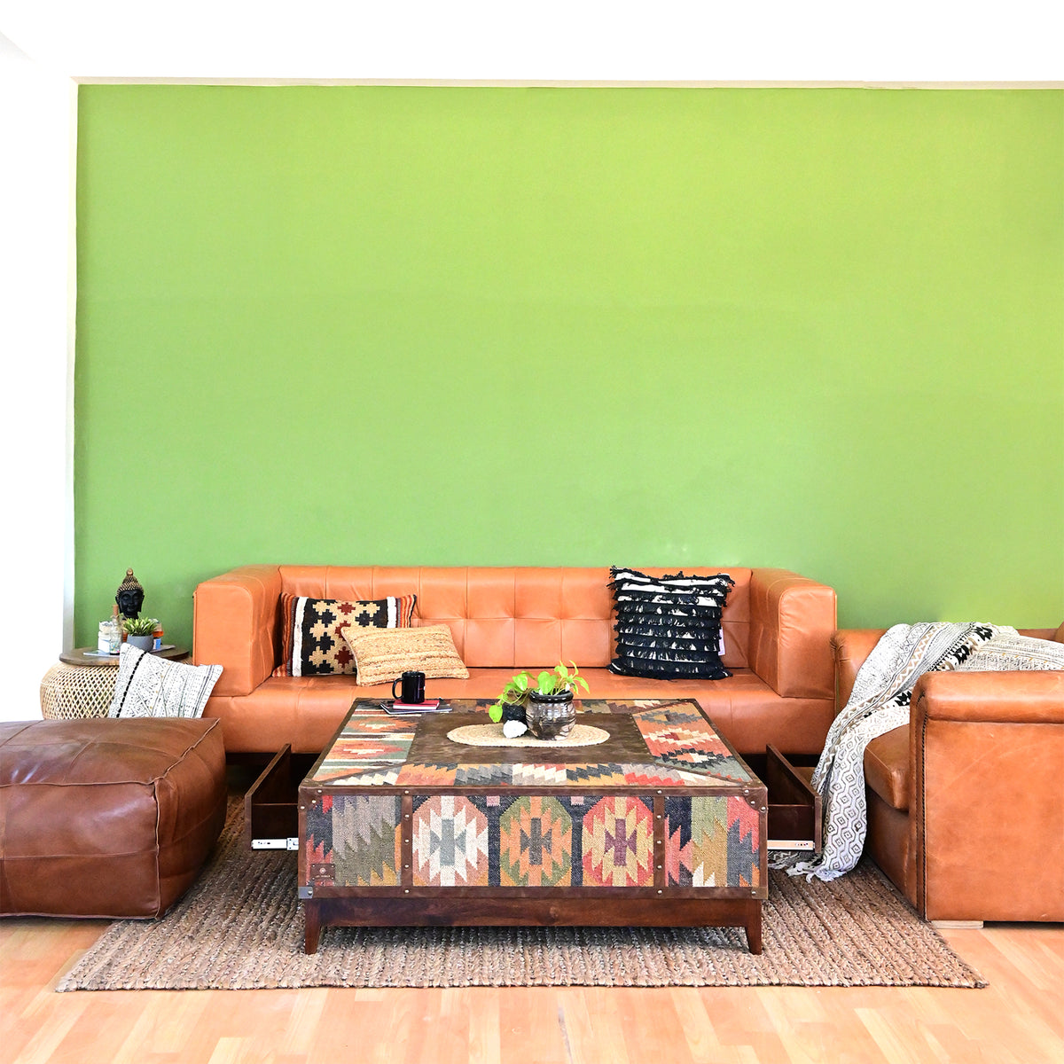 ADRIAN COFFEE TABLE - KILIM AND LEATHER - ART AVENUE
