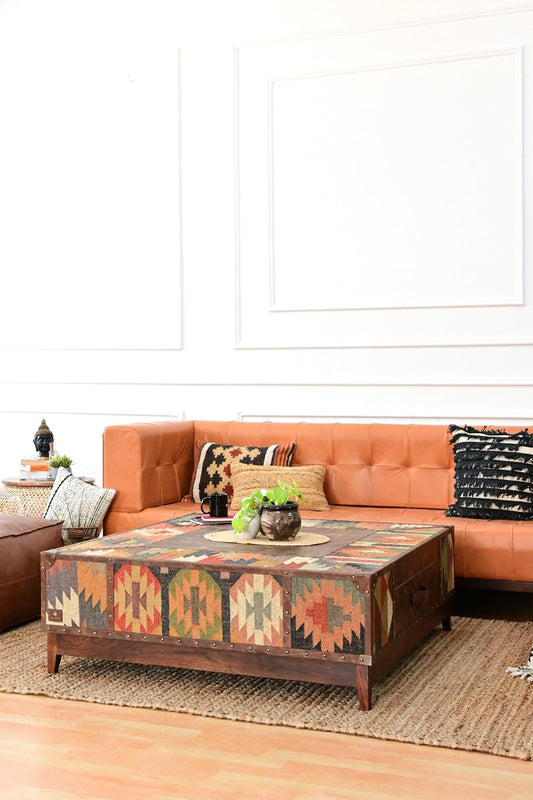 Adrian kilim and leather coffee table — Art Avenue