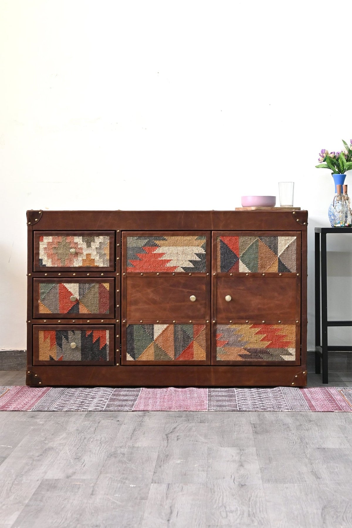 Detail of kilim panel on chest of drawers — Art Avenue