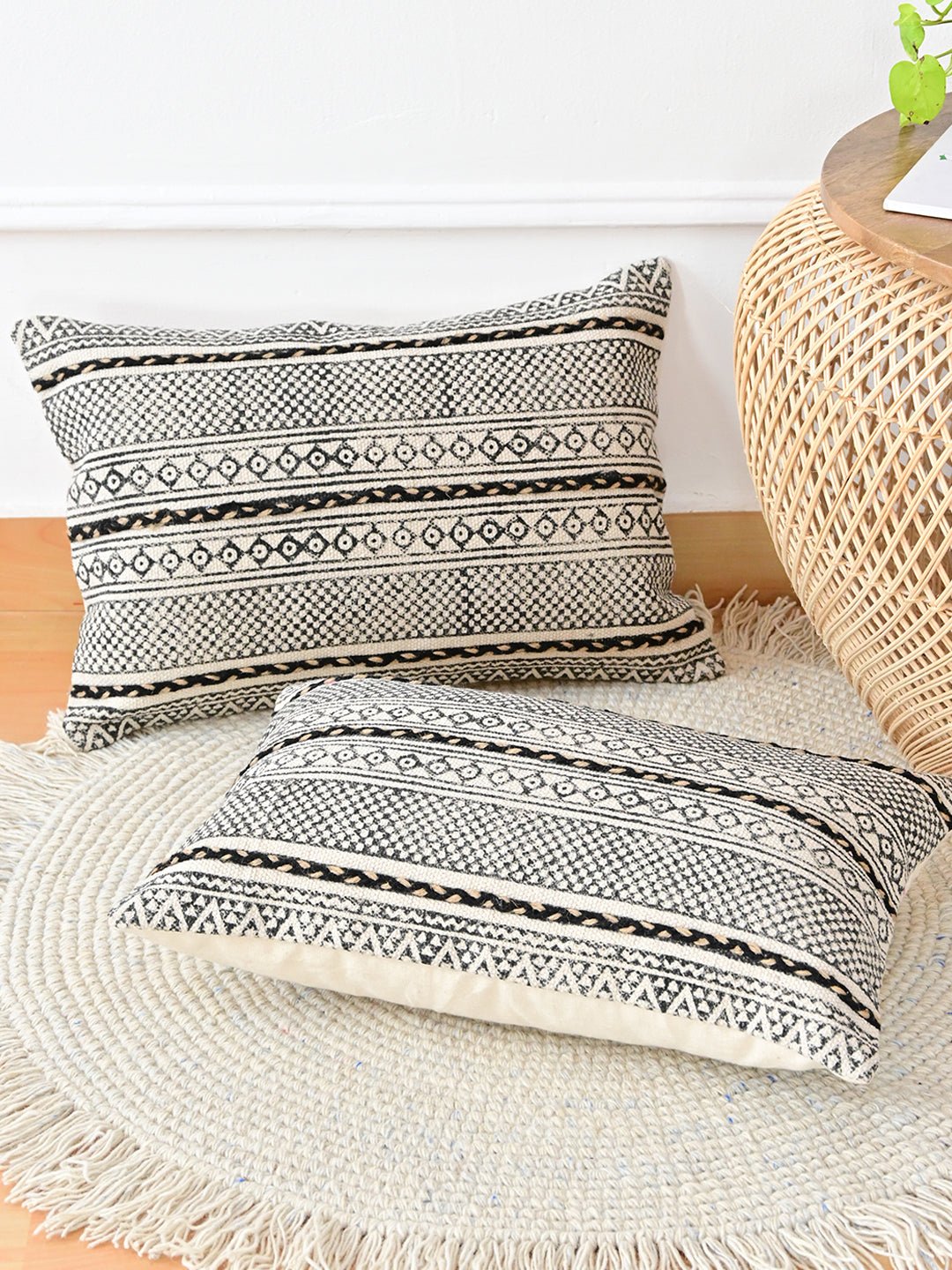 Detail of block-print embroidery on lumbar cushion cover — Art Avenue