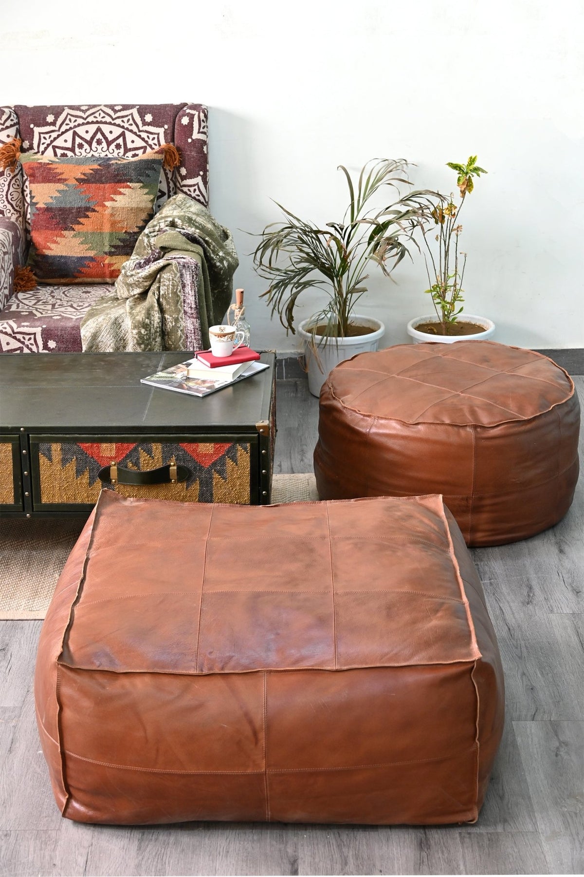 Harper cubical leather pouf — top view — Art Avenue