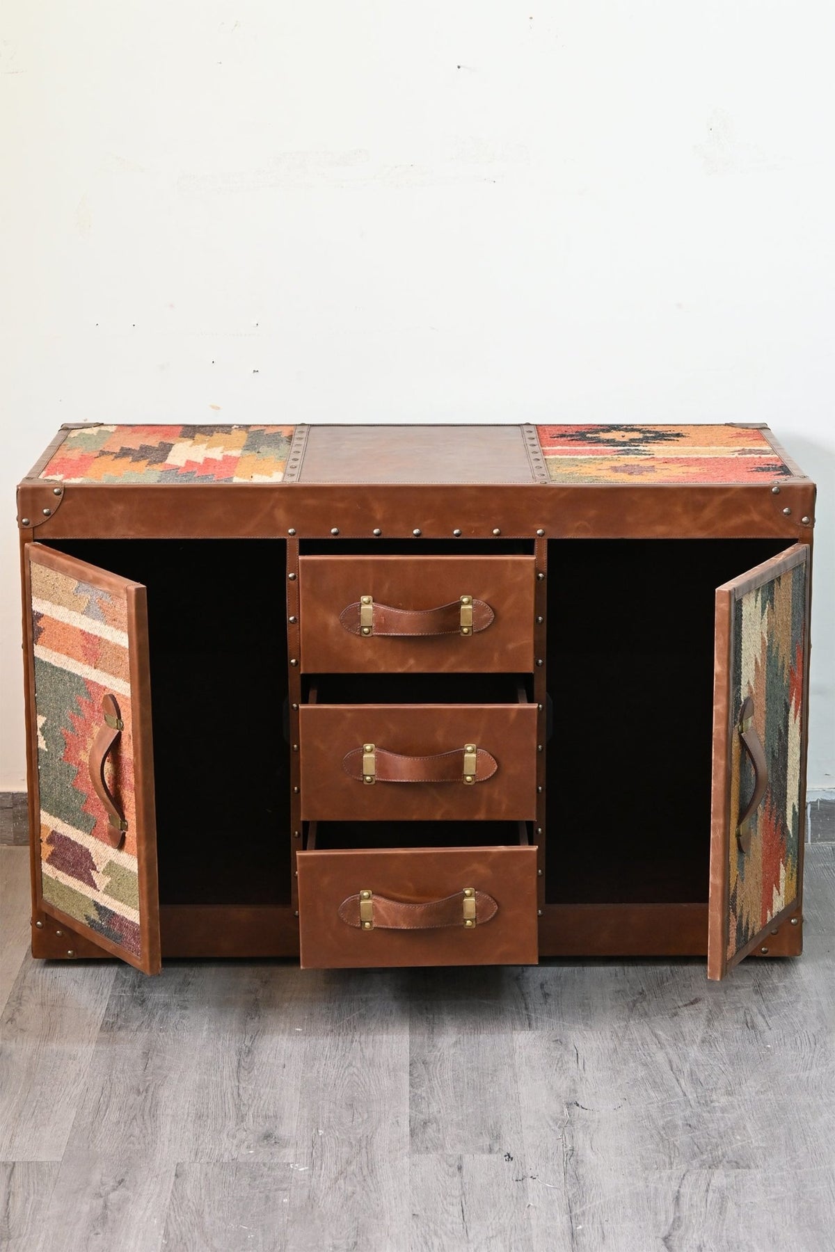 Detail of kilim panel on chest of drawers — Art Avenue