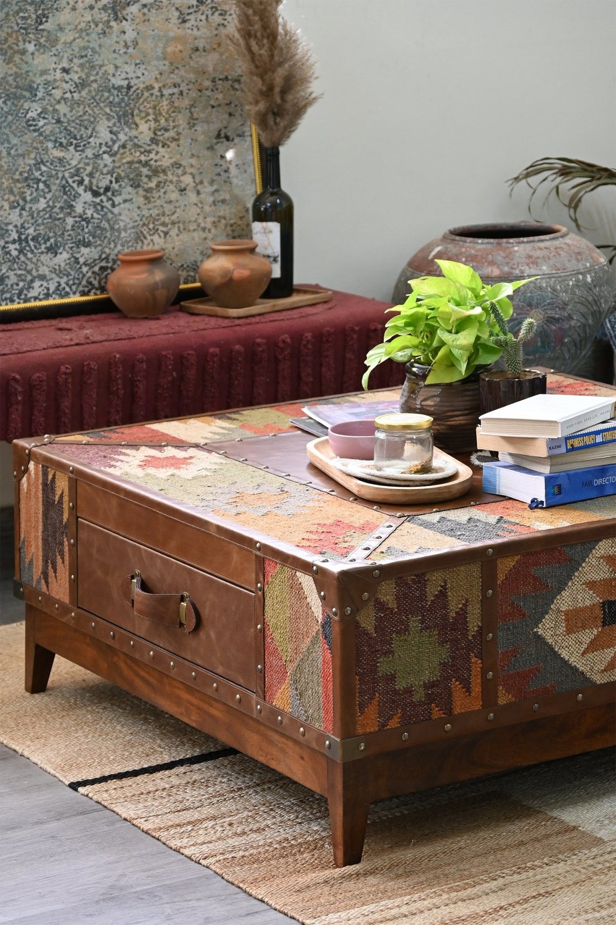 ADRIAN COFFEE TABLE - KILIM AND LEATHER - ART AVENUE