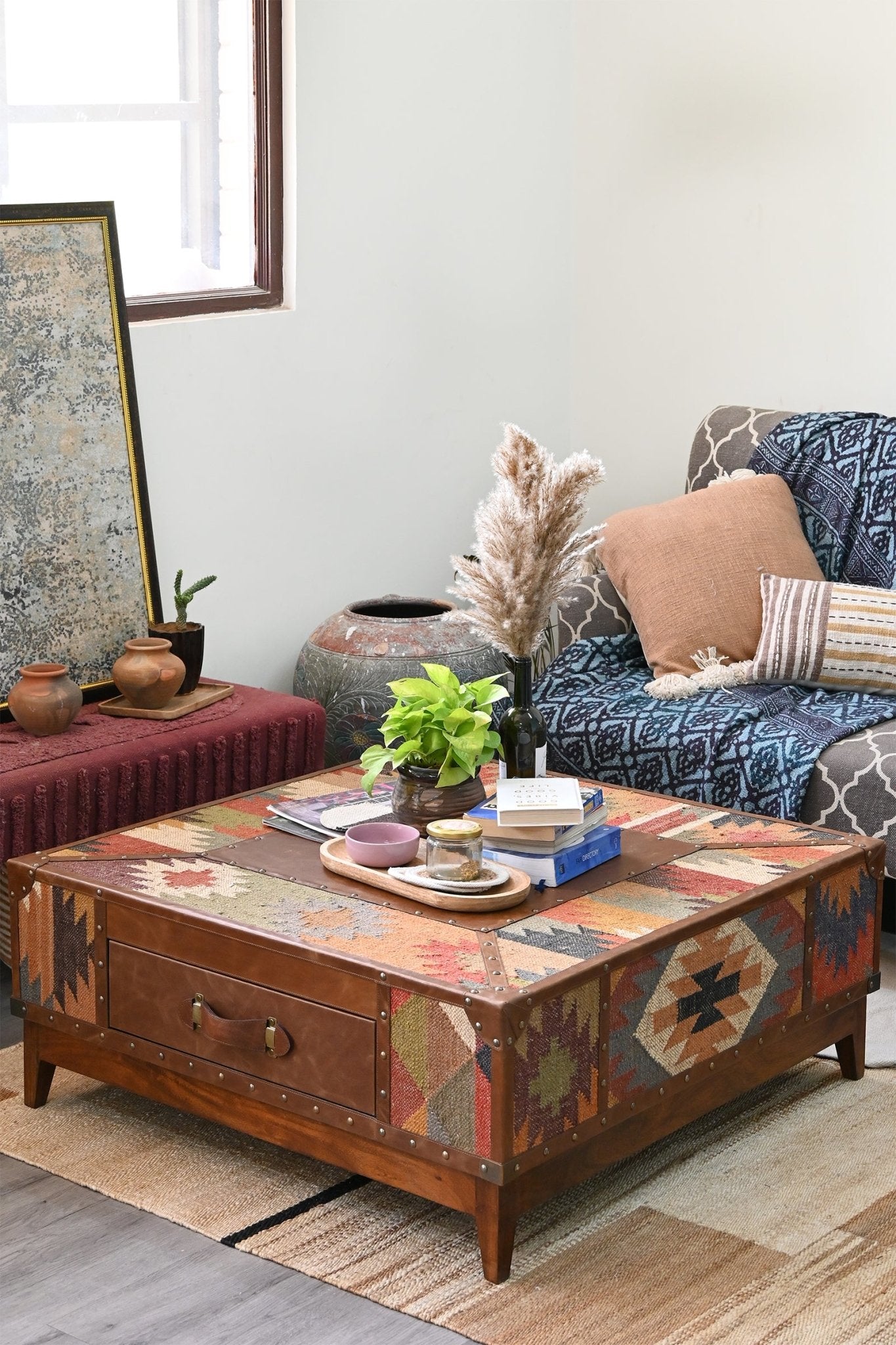Adrian kilim leather coffee table — room setting, Art Avenue India