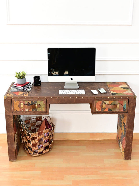 Wales kilim and leather office table — handcrafted in Jaipur