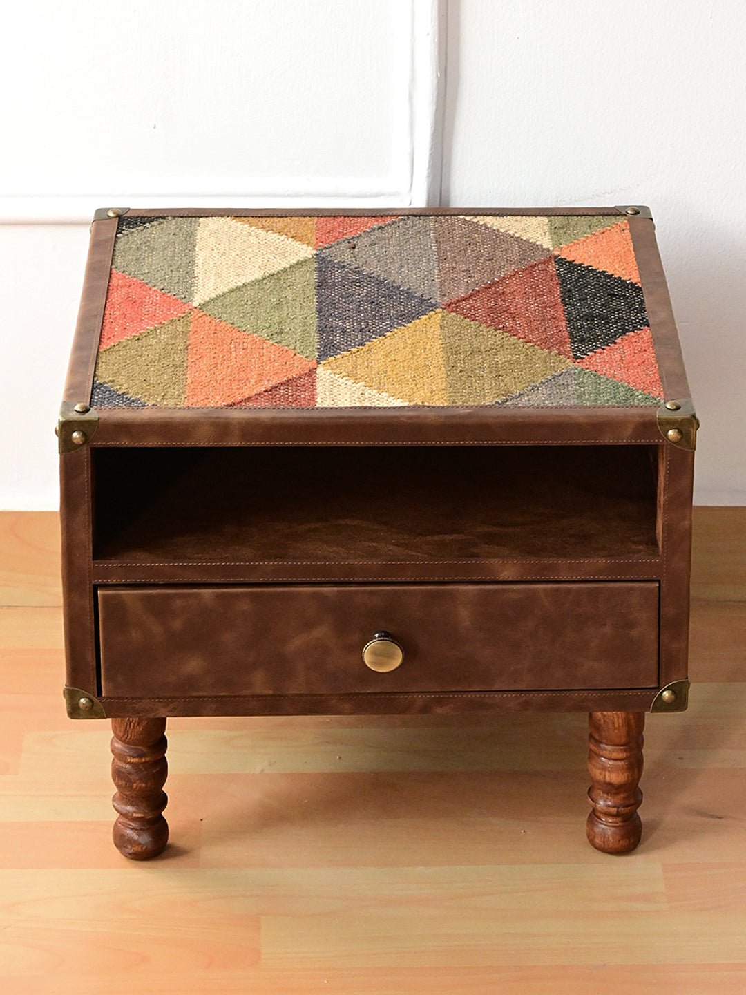 Side view of kilim and leather ottoman — Art Avenue